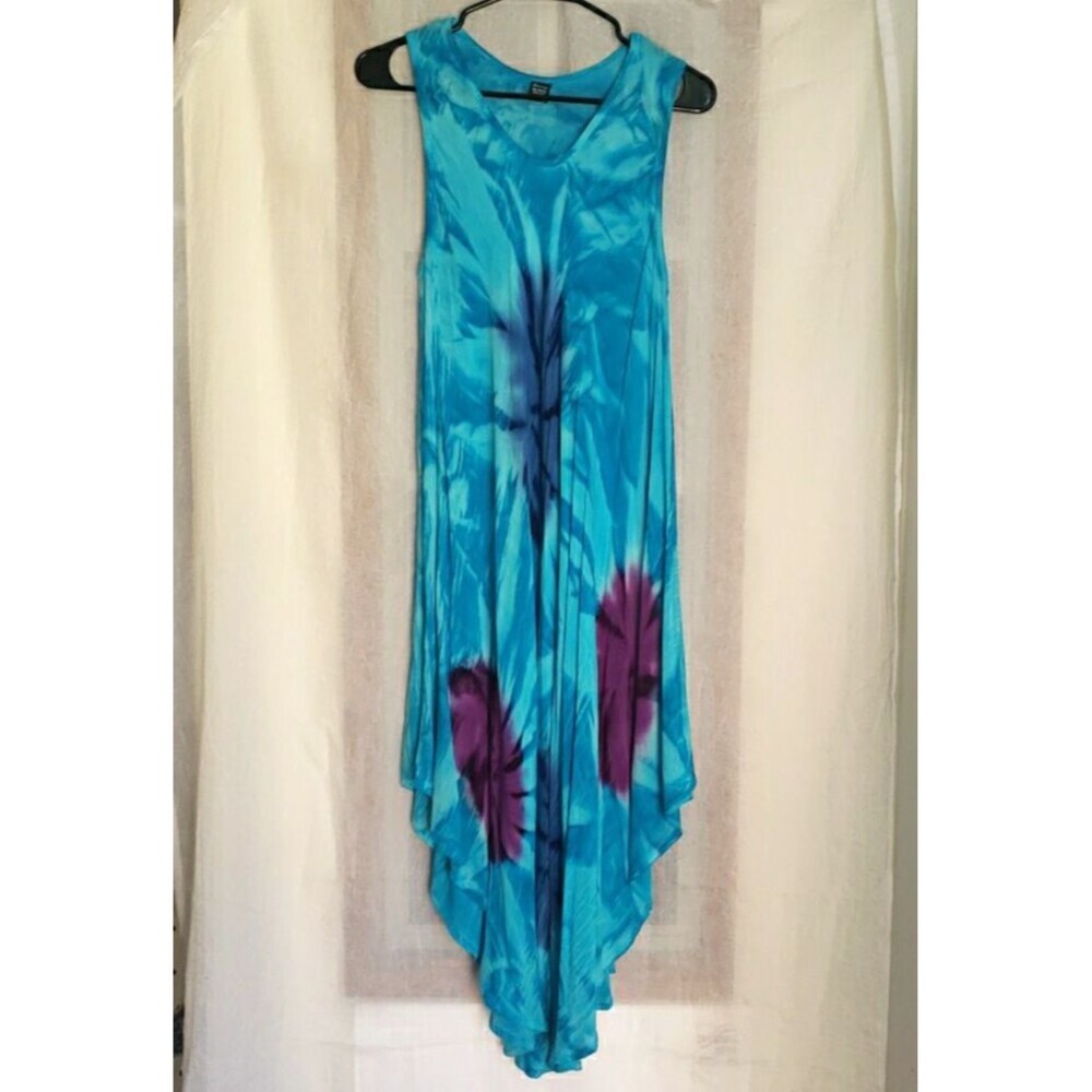 Zury Blue Purple Tie-Dye Sleeveless Midi Dress Cover Up Semi Sheer Lagenlook OS